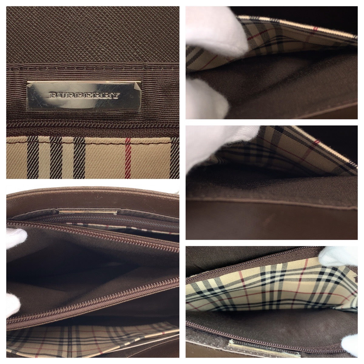 Burberry Brown Leather Checkered Tote Bag