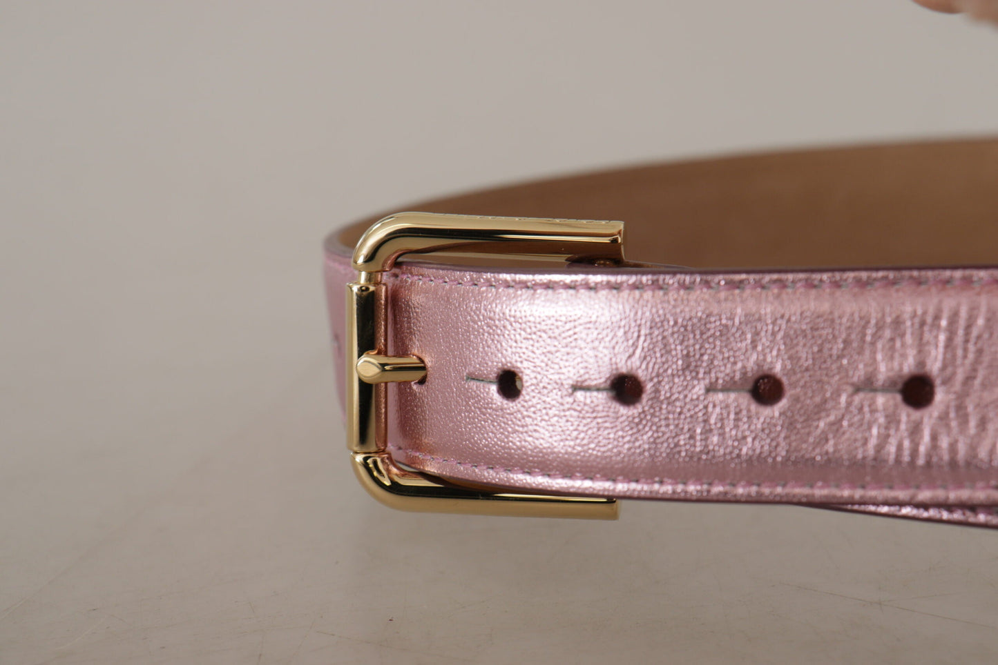 Dolce & Gabbana Metallic Pink Polished Leather Logo Metal Buckle Women's Belt