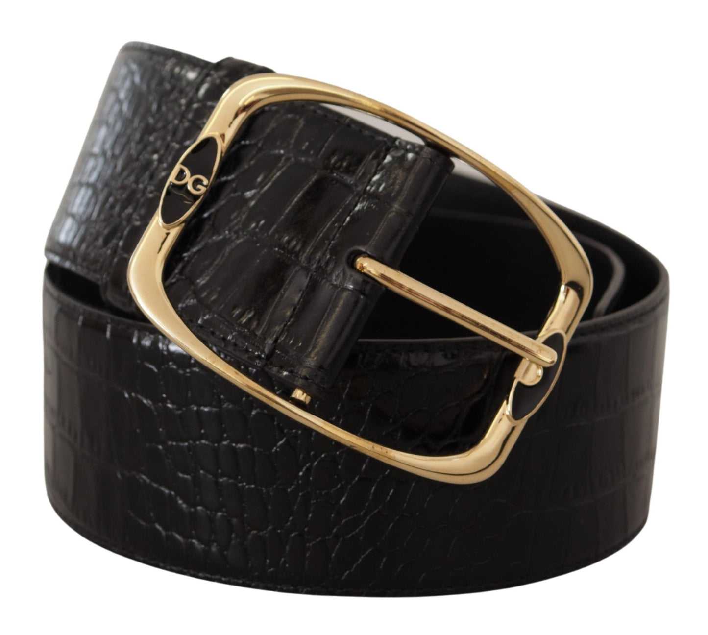 Dolce & Gabbana Black Crocodile Print Gold Metal DG Logo Buckle Women's Belt