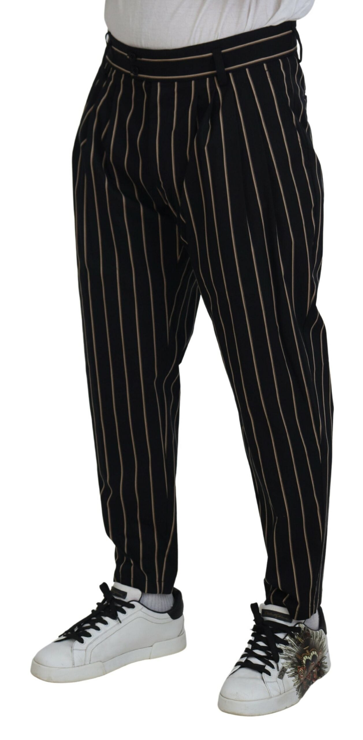 Dolce & Gabbana Black Beige Striped Cotton Stretch Men's Pants