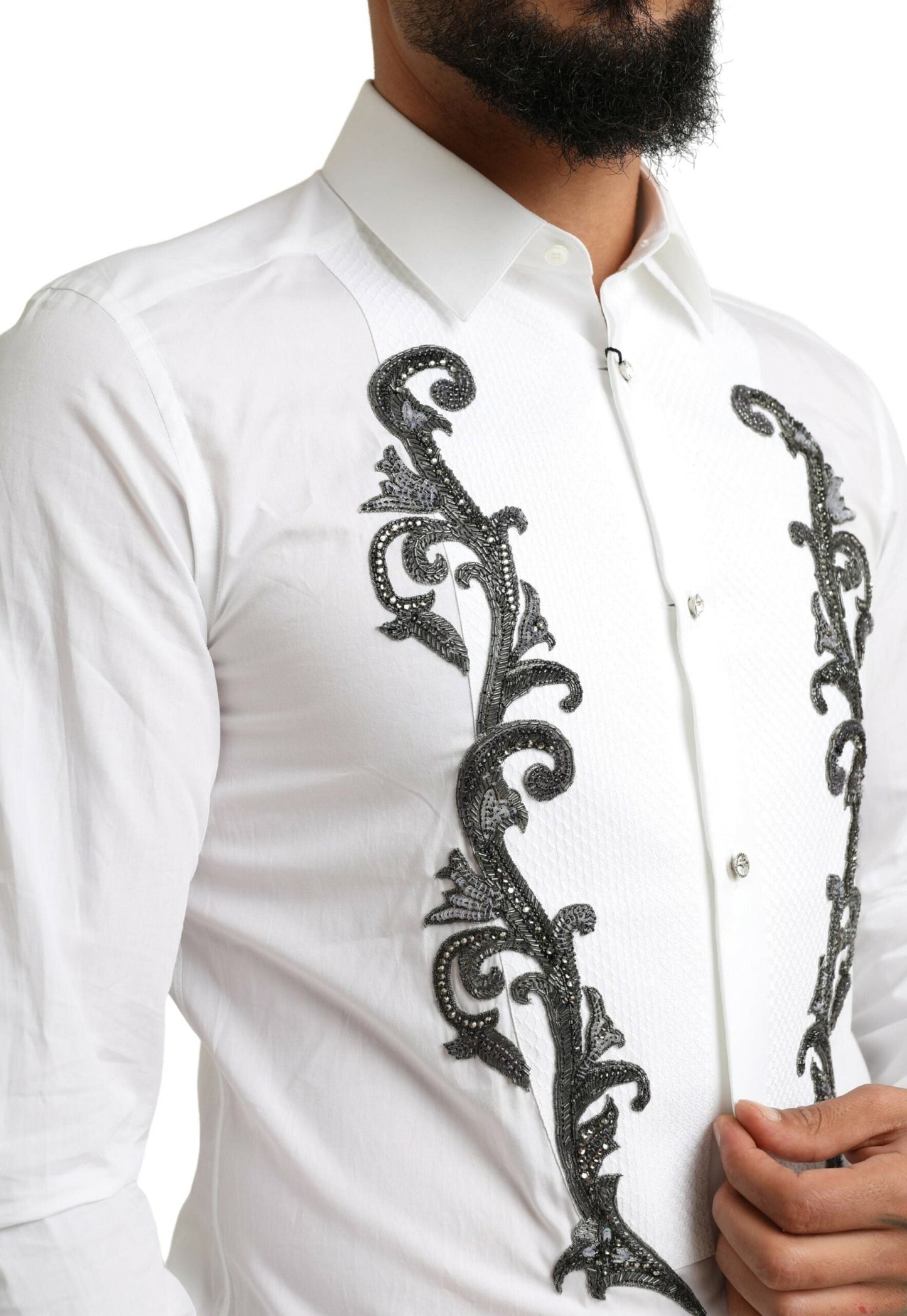Dolce & Gabbana White Tuxedo Slim Fit Baroque Men's Shirt