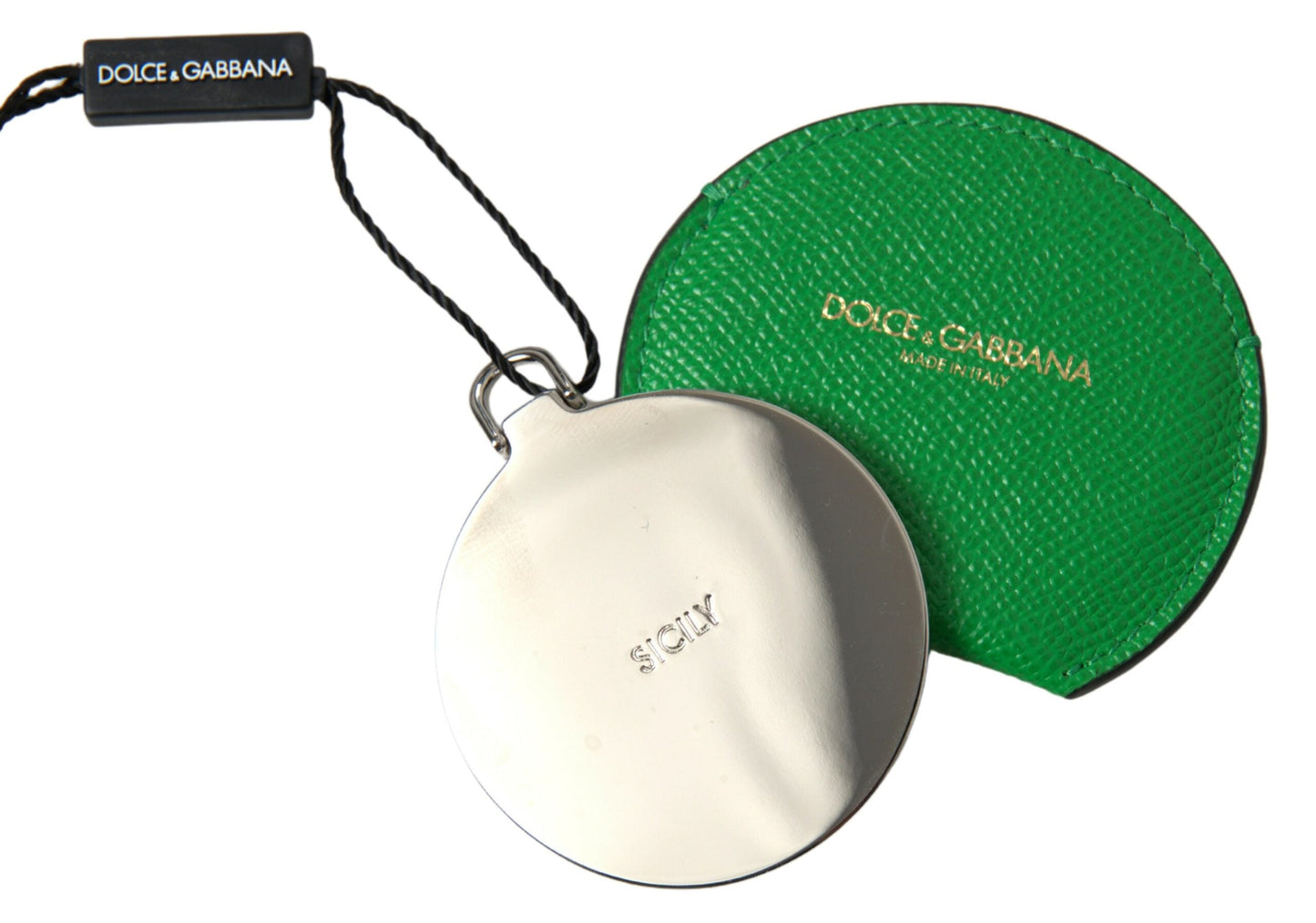 Dolce & Gabbana Green Calfskin Leather Round Logo Hand Mirror Women's Holder