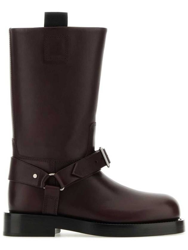 Burberry Saddle Leather Middle Boots Aubergine