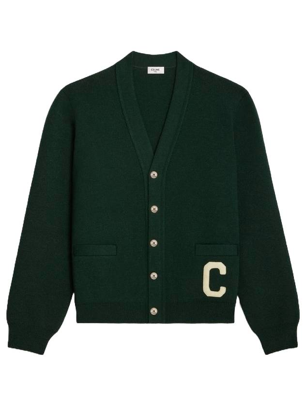 CELINE Paris Logo Patch Wool Cardigan Forest