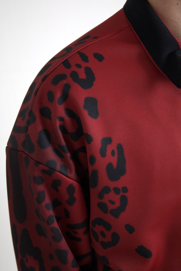 Dolce & Gabbana Red Leopard Polyester Bomber Full Zip Men's Jacket