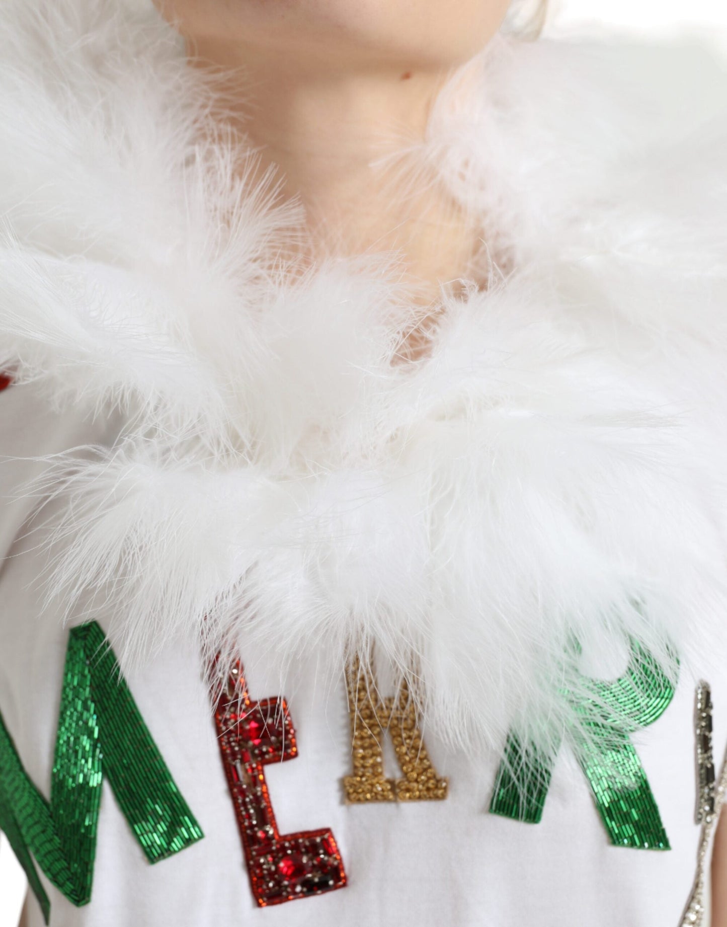 Dolce & Gabbana White Cotton Christmas Sequin Fur Women's T-shirt