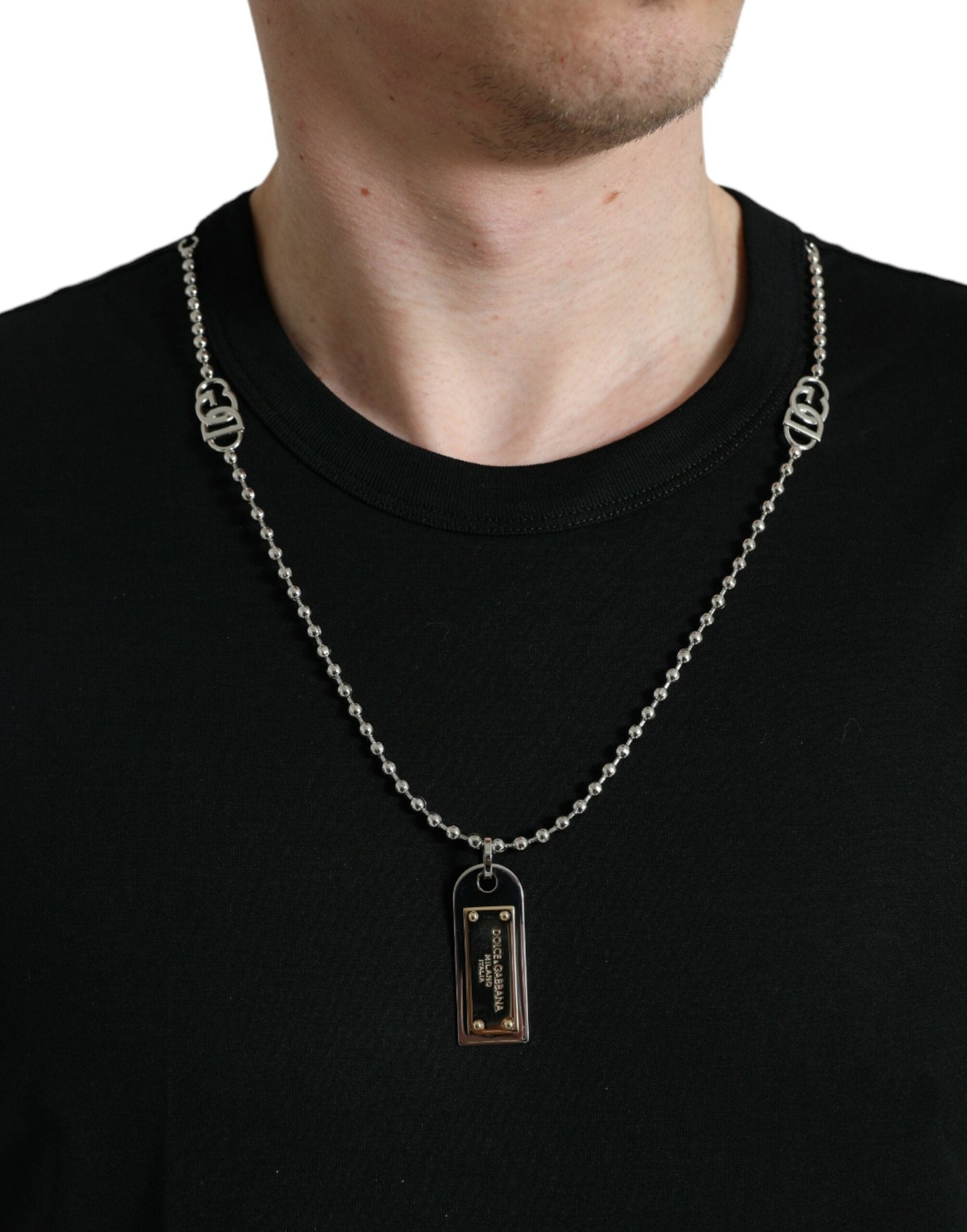 Dolce & Gabbana Black Cotton Dog Tag Round Neck Men's T-shirt
