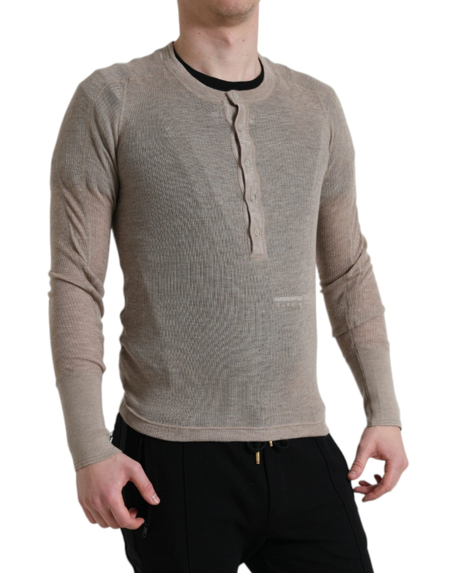 Dolce & Gabbana Henley Pullover Beige Cashmere Men's Sweater