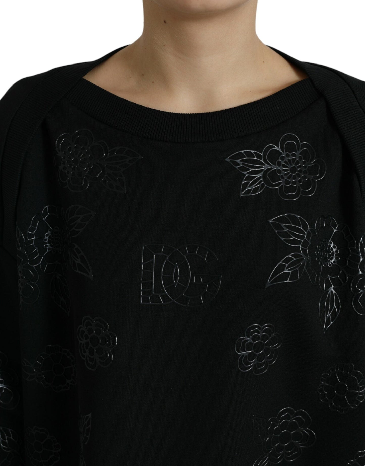 Dolce & Gabbana Black Pullover Floral Logo Applique Women's Sweater