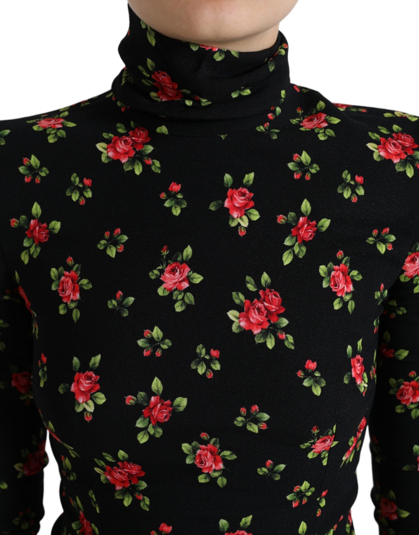 Dolce & Gabbana Black Rose Print Turtle Neck Blouse Women's Top
