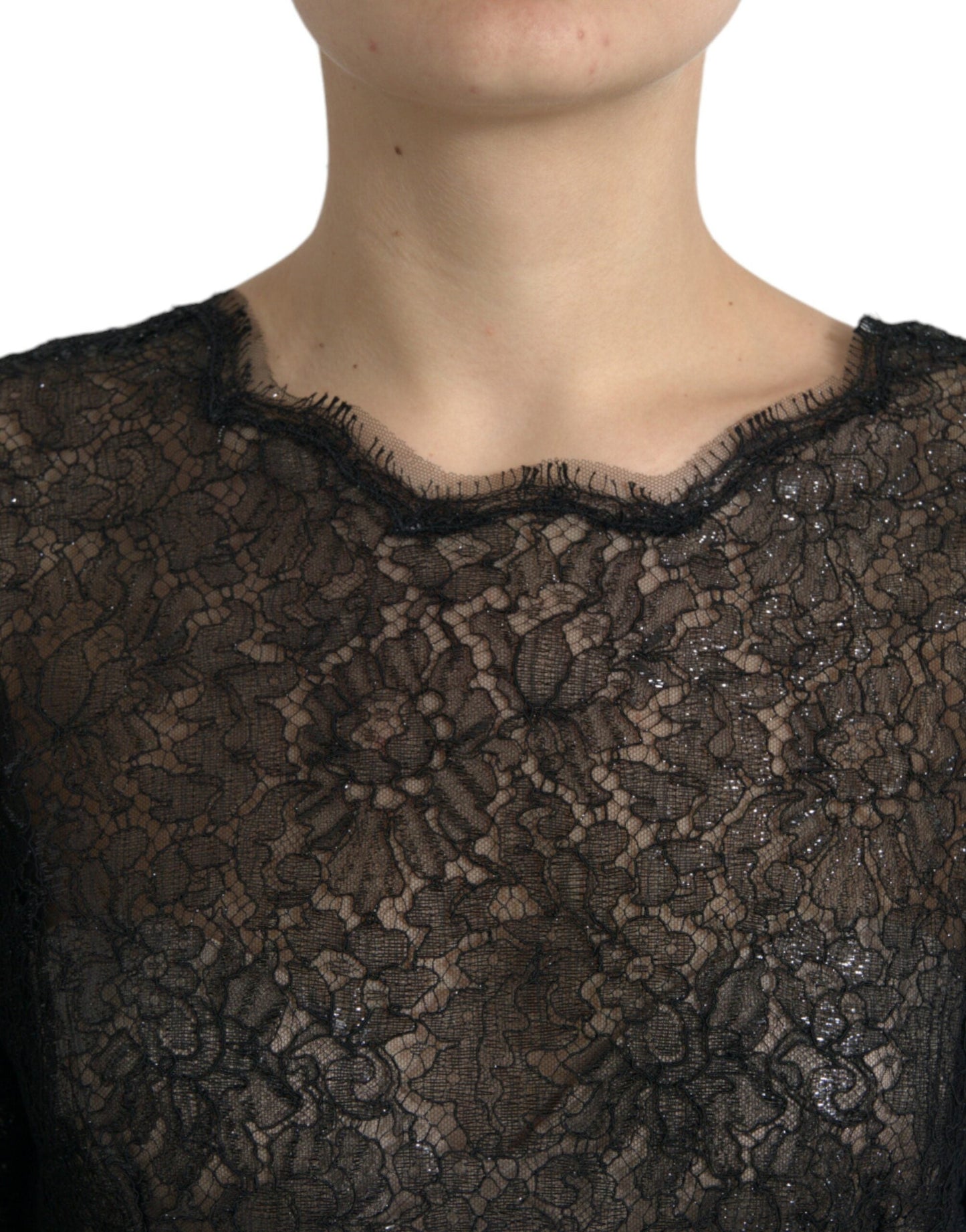 Dolce & Gabbana Black Floral Lace Sheer A-line Midi Women's Dress