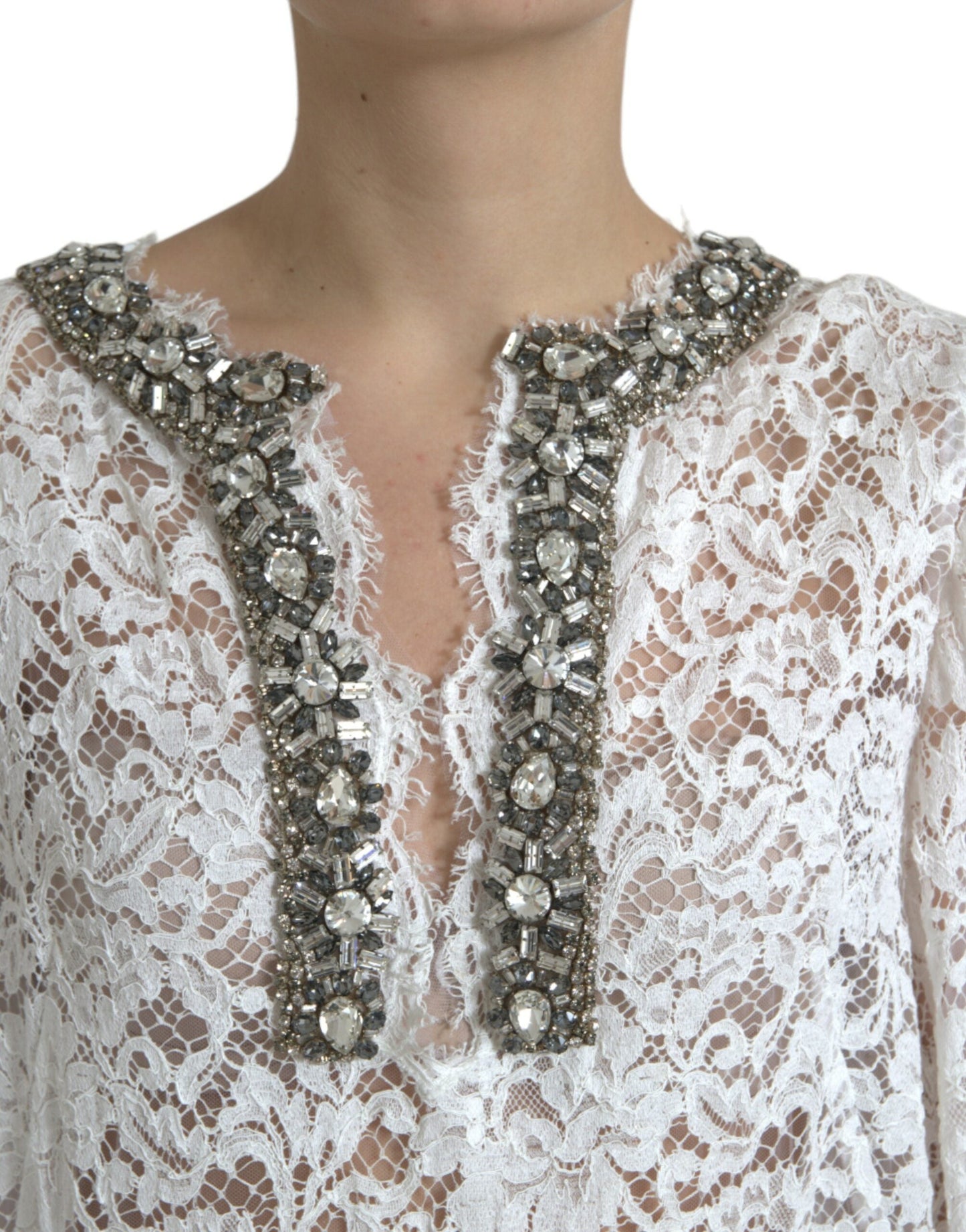 Dolce & Gabbana White Lace Crystal Embellished Shift Women's Dress