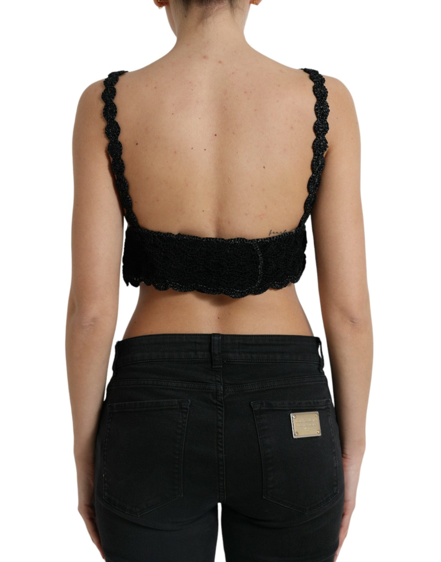 Dolce & Gabbana Black Cotton Bustier Cropped Crochet Tank Women's Top