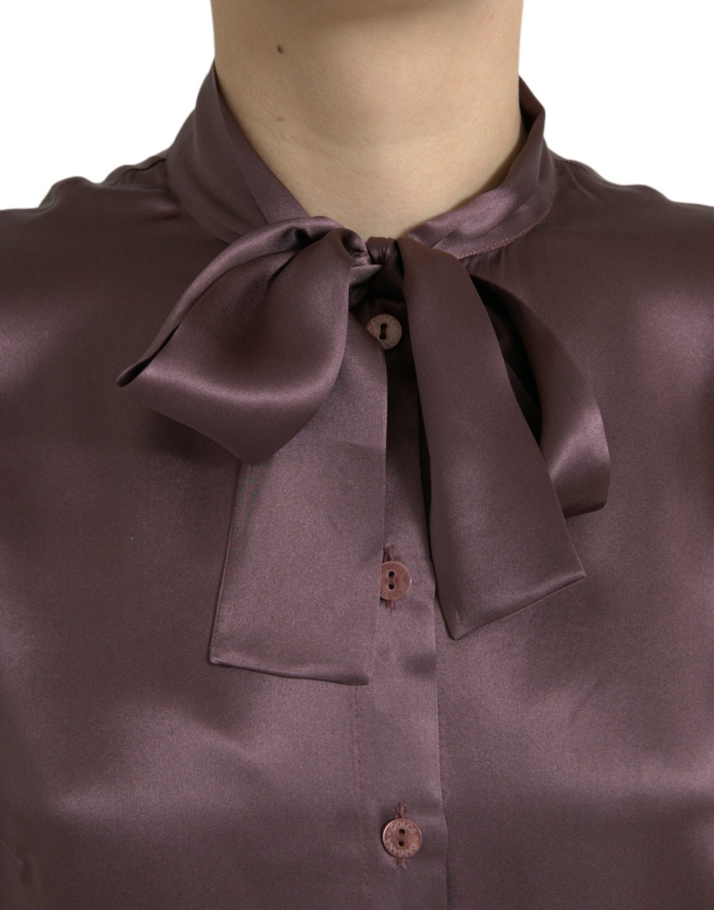 Dolce & Gabbana Brown Silk Ascot Collar Long Sleeve Blouse Women's Top