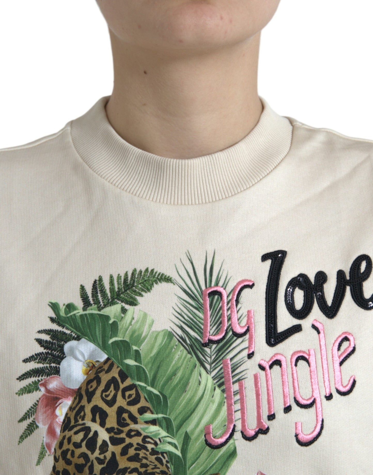 Dolce & Gabbana Beige Jungle Printed Cotton Pullover Women's Sweater