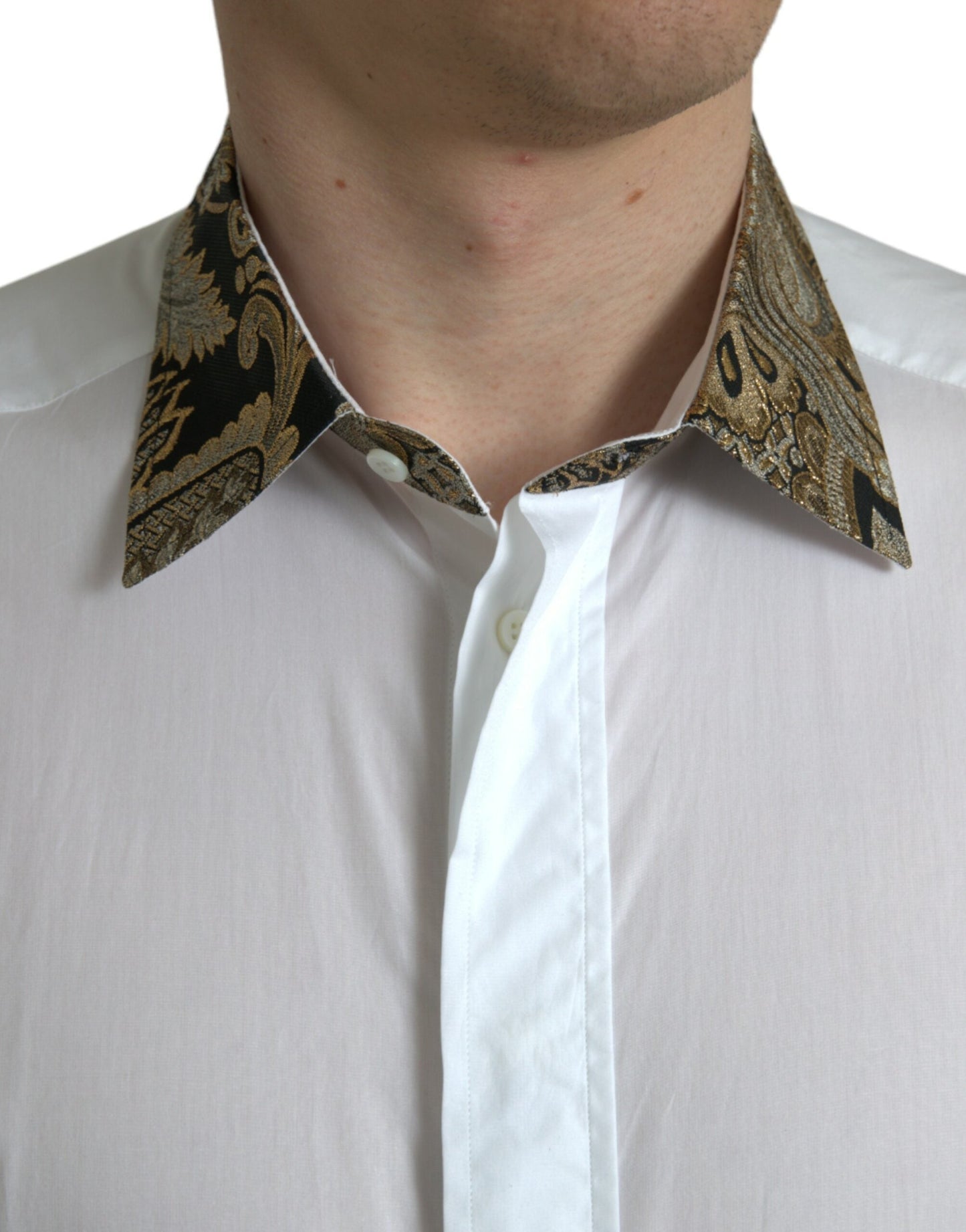 Dolce & Gabbana White Cotton Jacquard Formal GOLD Dress Men's Shirt
