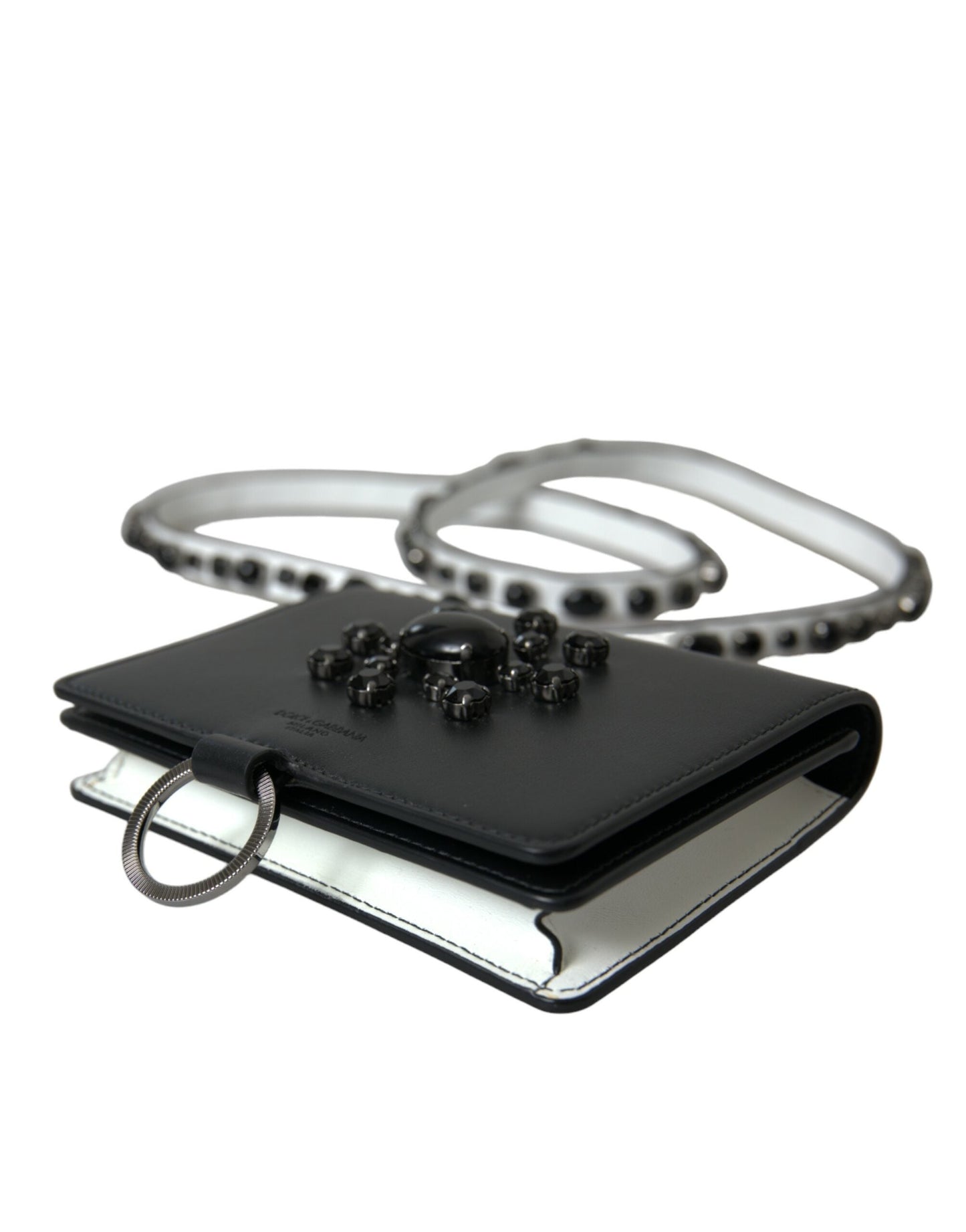 Dolce & Gabbana Black White Leather Crystal Embellished Cardholder Women's Wallet