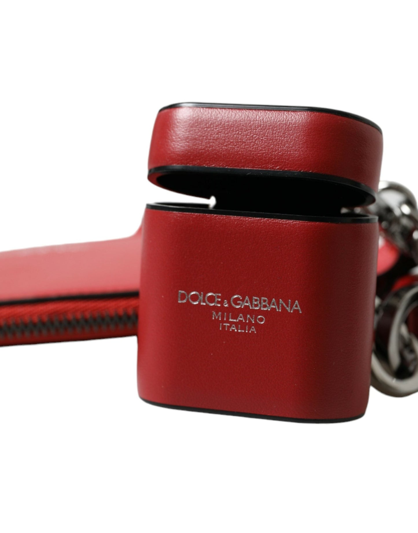 Dolce & Gabbana Red Leather Silver Metal Logo Strap Pouch Airpods Men's Case