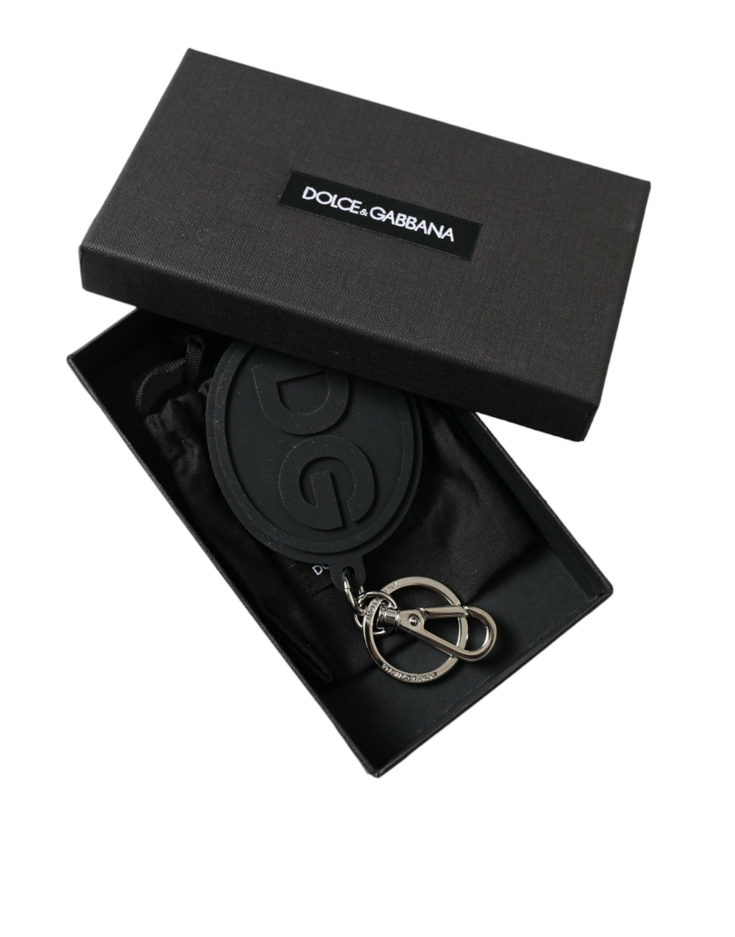 Dolce & Gabbana Black Rubber DG Logo Silver Brass Metal Keyring Women's Keychain