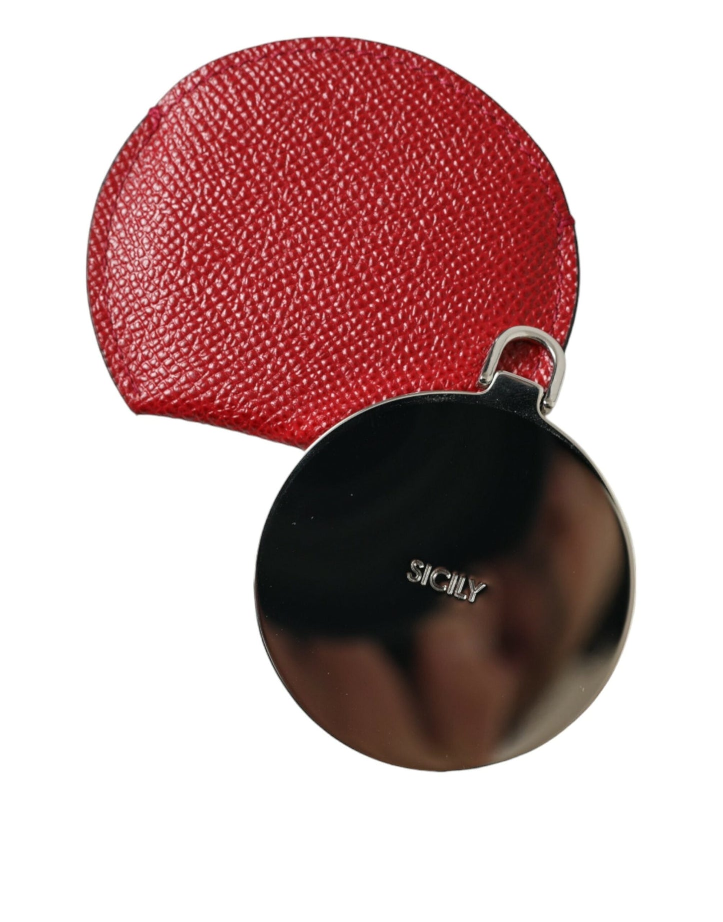 Dolce & Gabbana Red Calfskin Leather Round Logo Hand Mirror Women's Holder
