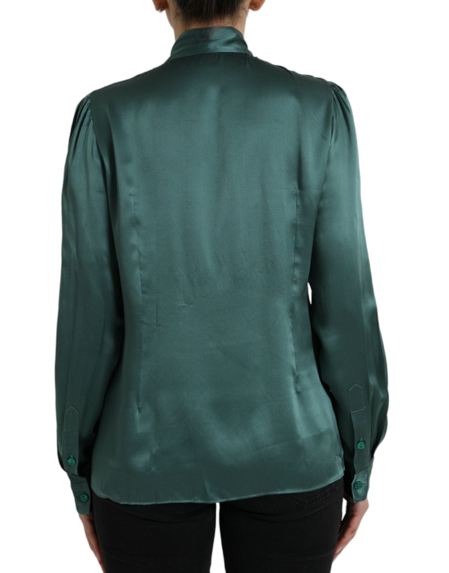 Dolce & Gabbana Dark Green Silk Ascot Collar Blouse Women's Top