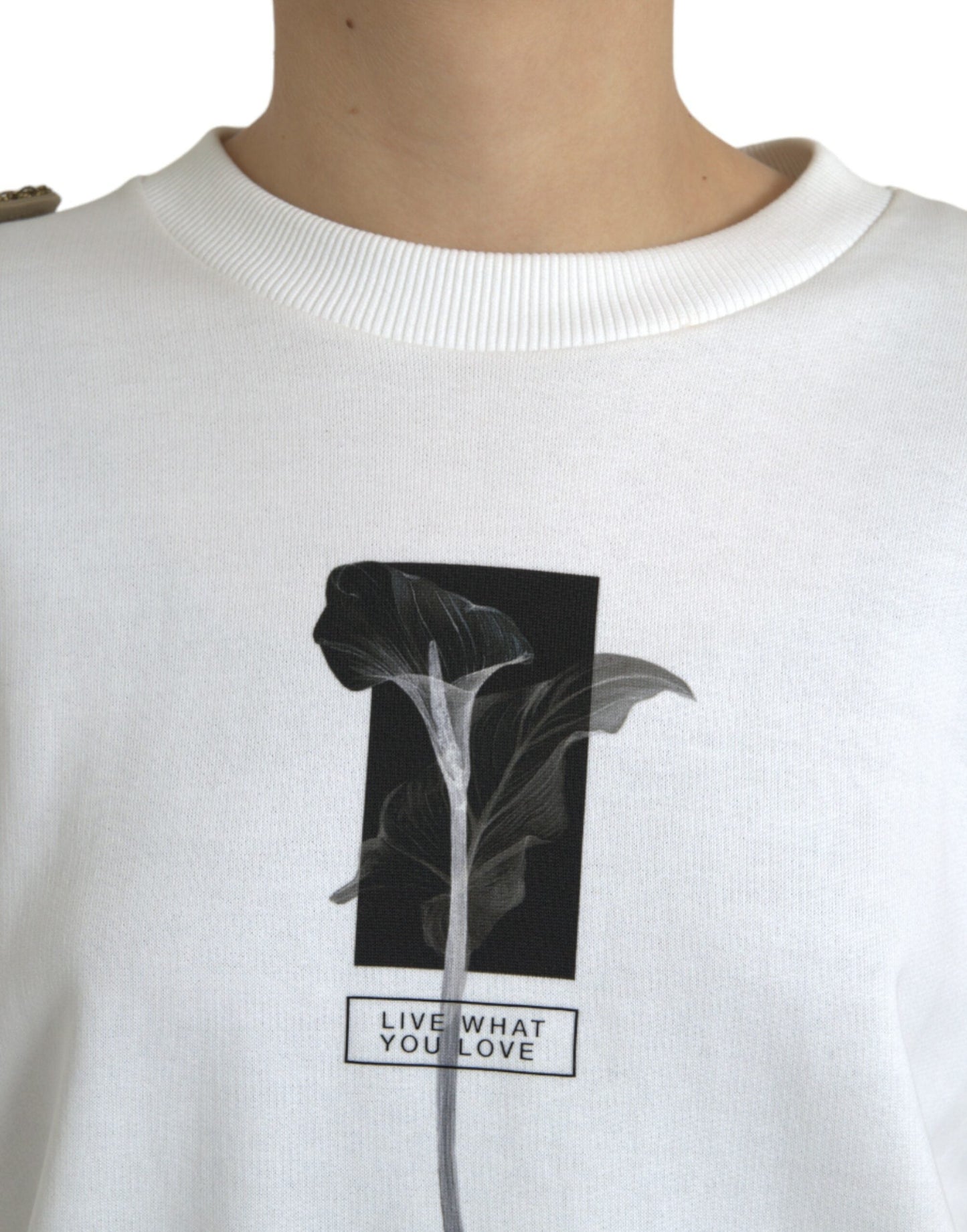 Dolce & Gabbana White Floral Cotton Crew Neck Pullover Women's Sweater