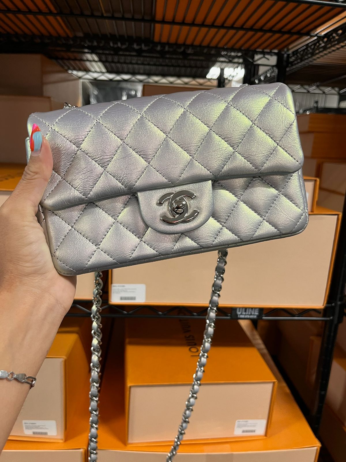 CHANEL - Silver Iridescent Lambskin Mini Rectangular Flap Bag