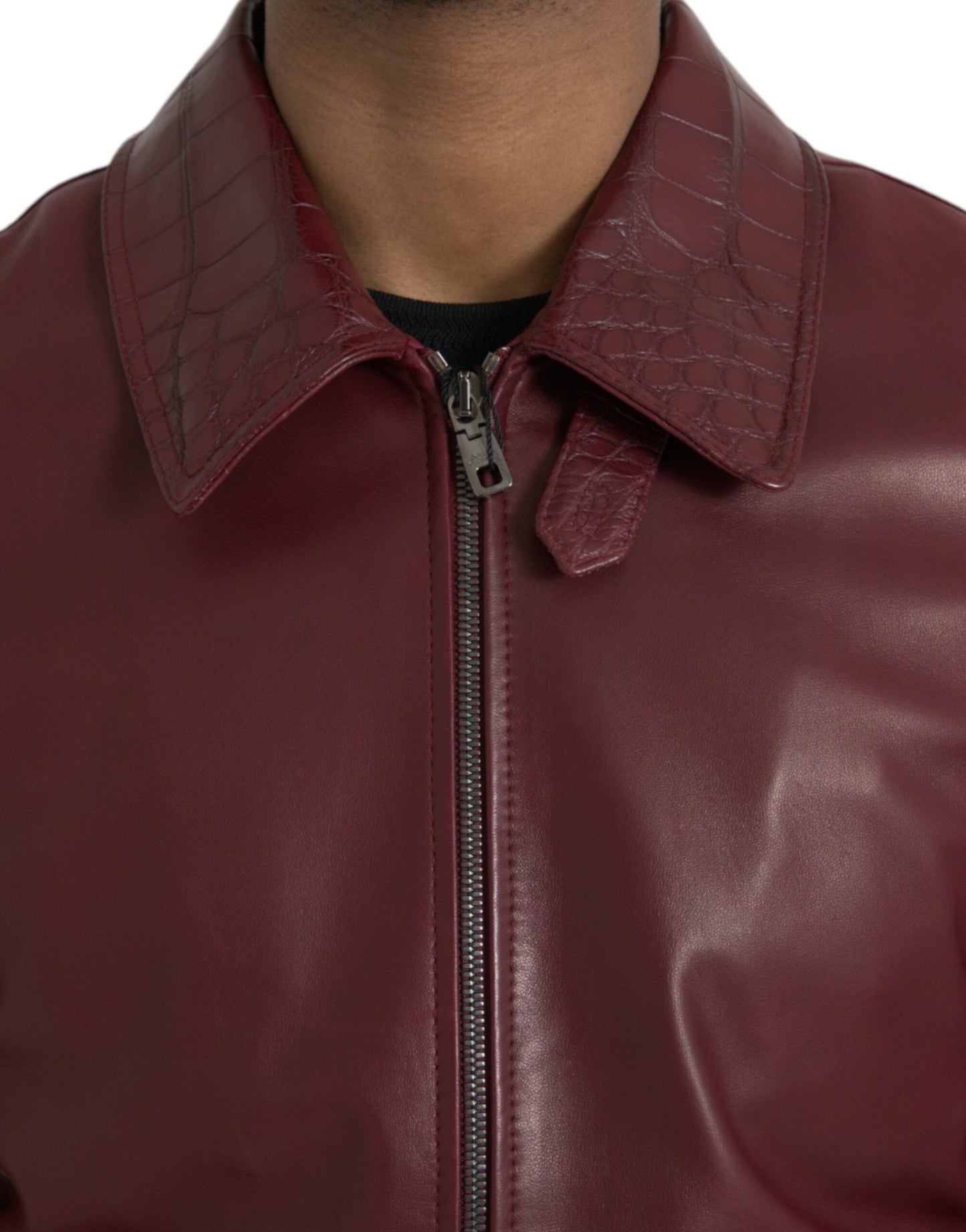 Dolce & Gabbana Maroon Exotic Leather Zip Biker Coat Men's Jacket