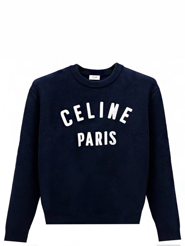 CELINE Logo Print Crew Neck Cotton Knit Top Navy