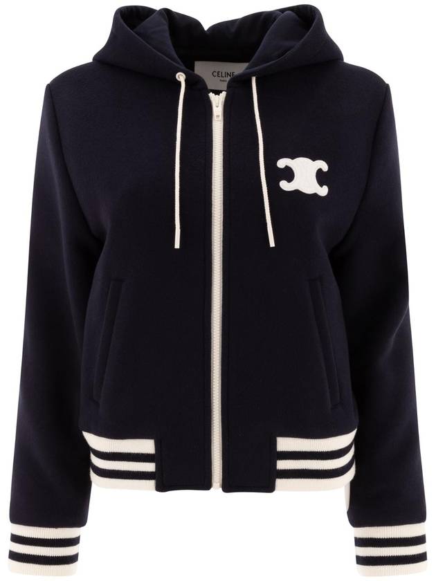 CELINE Triomphe Patch Cashmere Zip Up Hoodie Navy