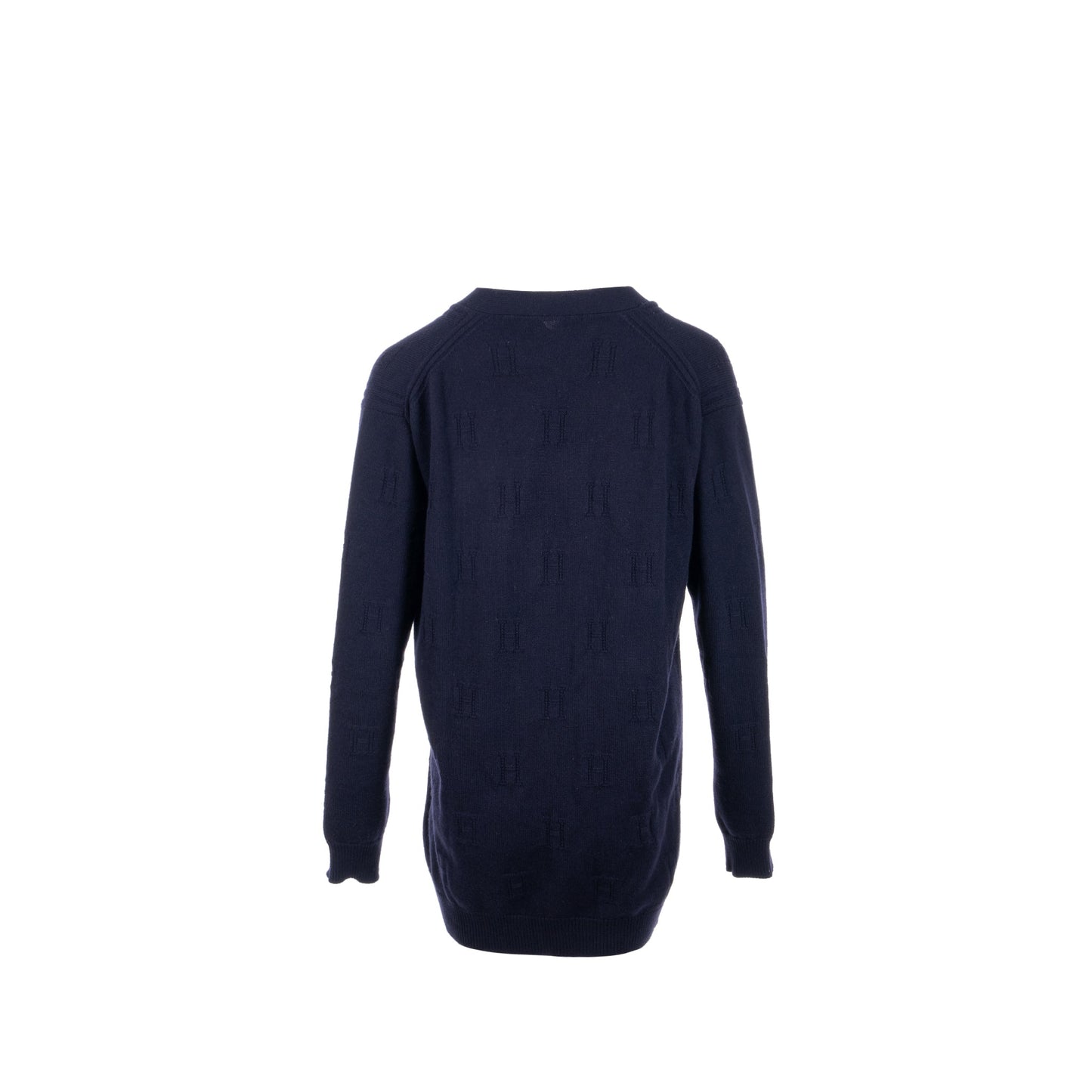 Hermes Size 40 Maile Voyage H logo Classic Knit Cardigan Virgin Wool Bleu Noir