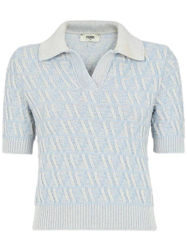 Fendi FF Wool Cashmere Polo Knit Top Light Blue