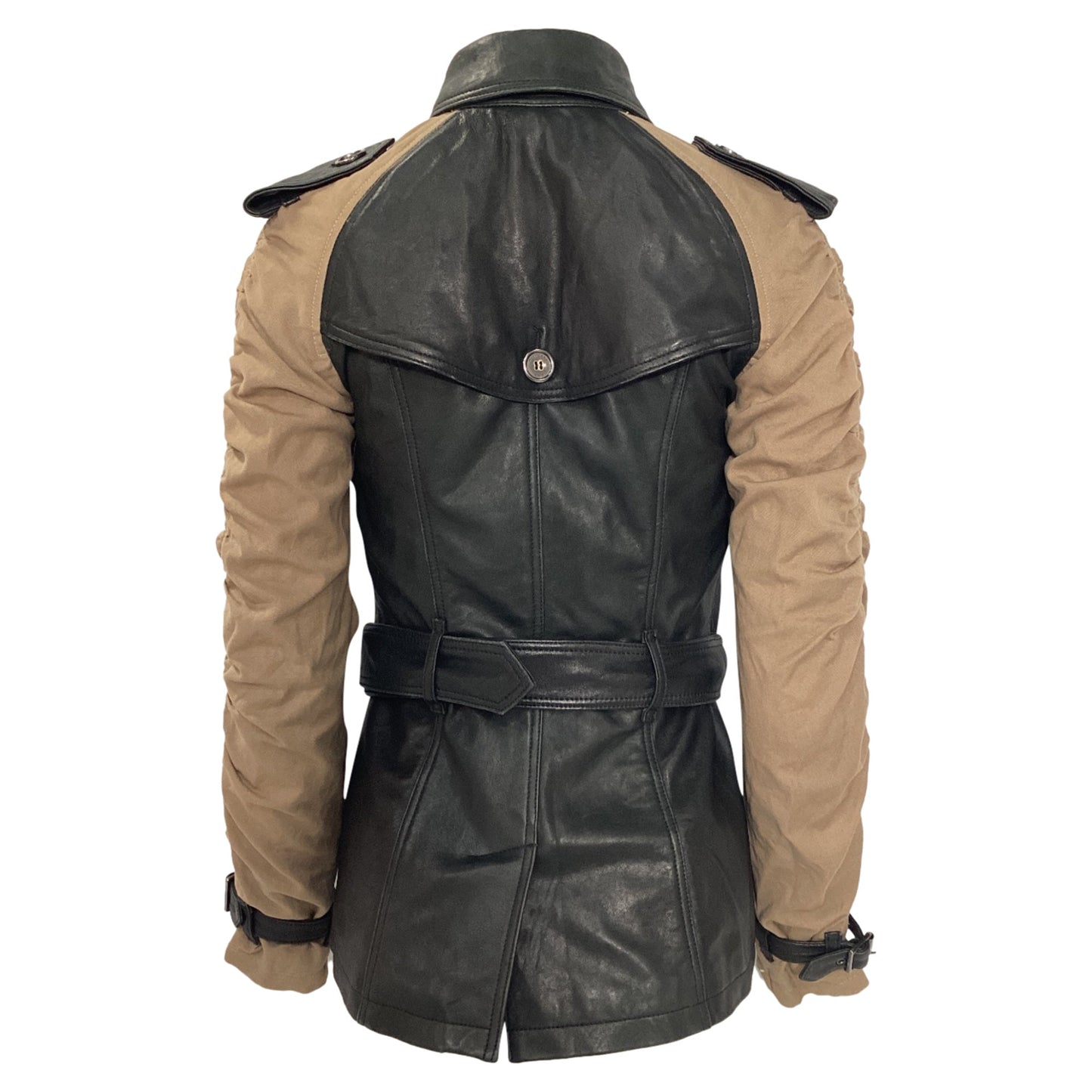 Burberry Brit Belted Double-Breasted Jacket in Black and Brown Lamb Leather