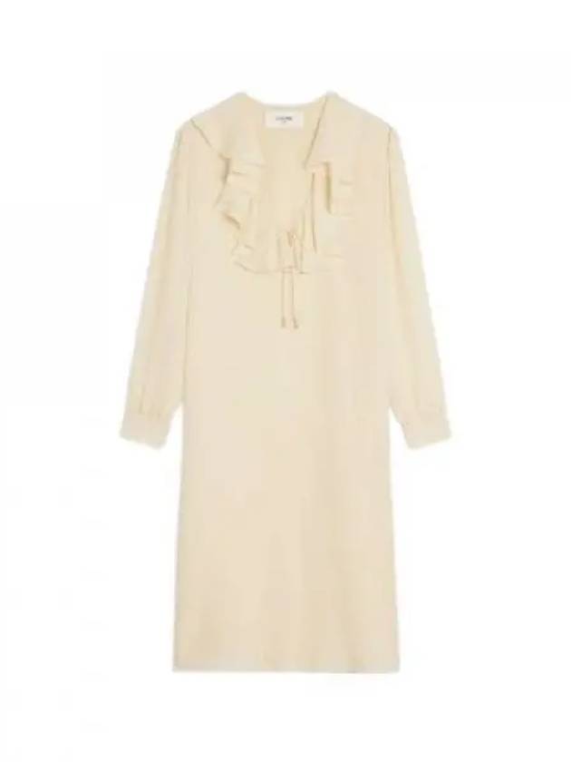 CELINE Jabot Lightweight Silk Sable Midi Dress Cream