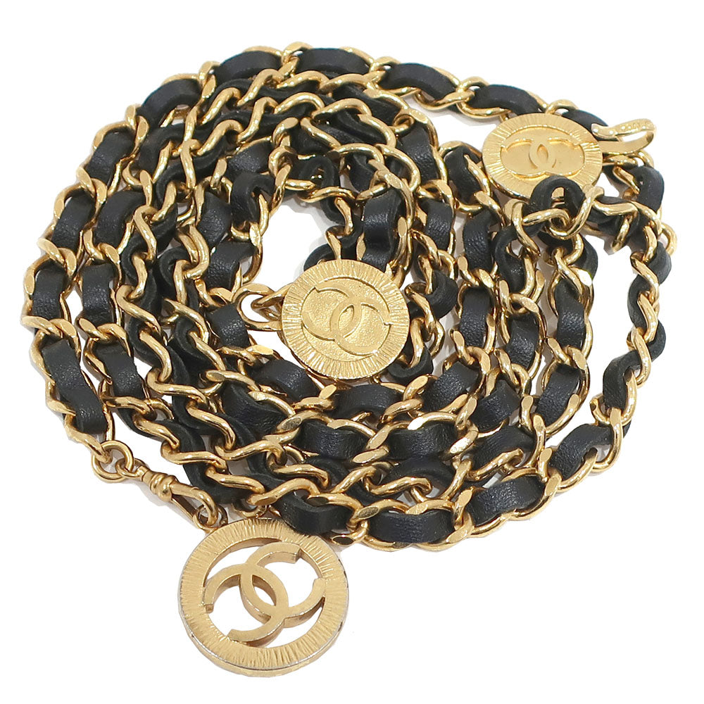 CHANEL 3 Chain Belt CC Mark Coin Accessories Vintage 1984 approximately 930 cm approximately 207.0 g Black/Gen GP Gold Women Dress Only