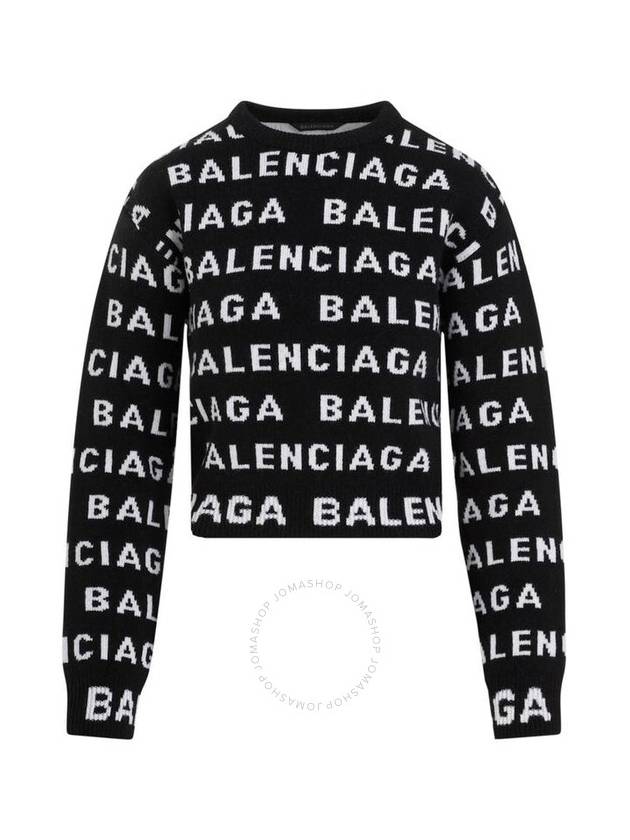 Balenciaga Intarsia All-Over Logo Crew Neck Knit Top Black