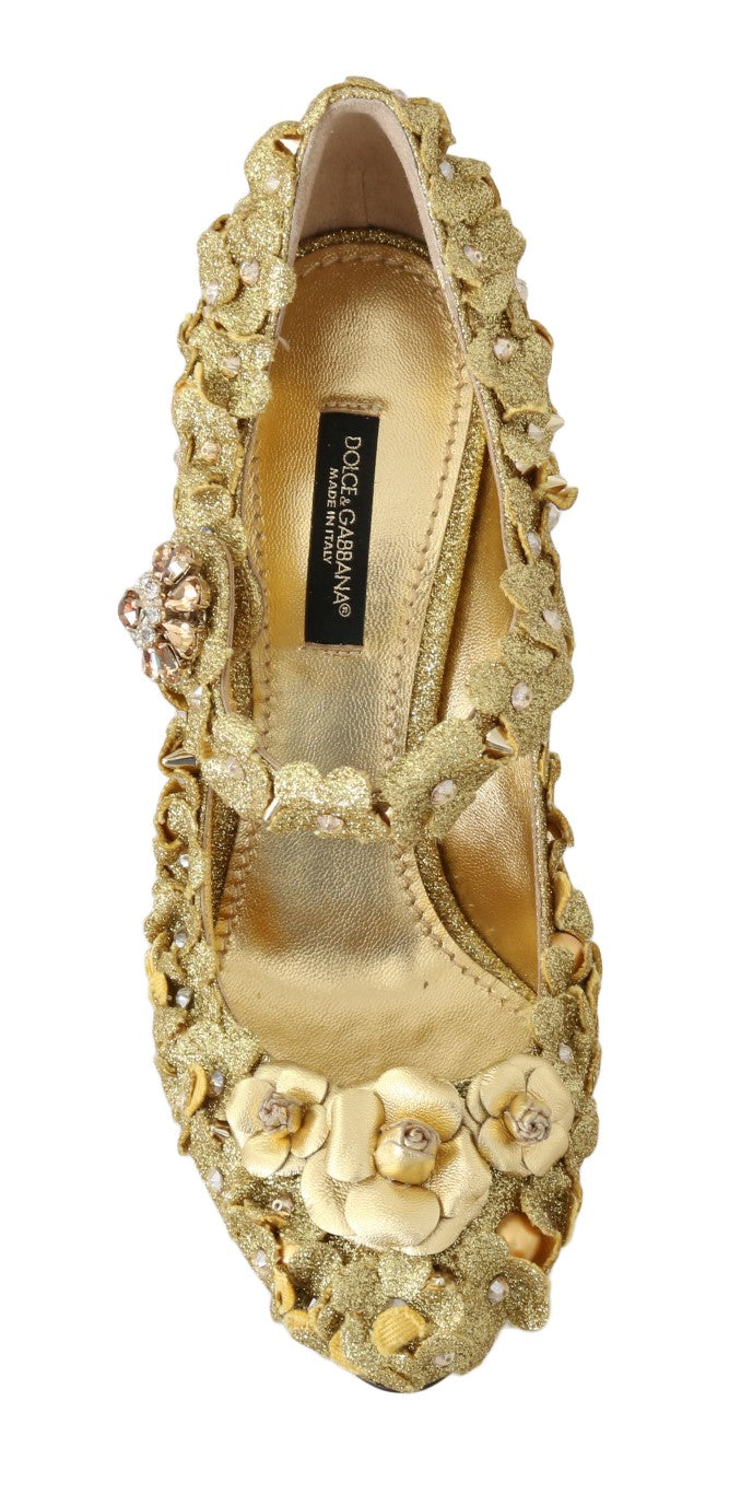 Dolce & Gabbana Gold Floral Crystal Mary Janes Women's Pumps