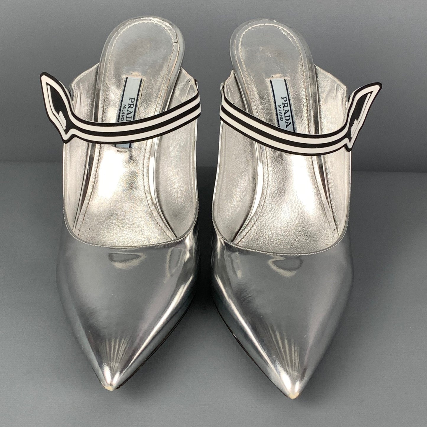 PRADA Size 7.5 Silver Patent Leather Mules Pumps