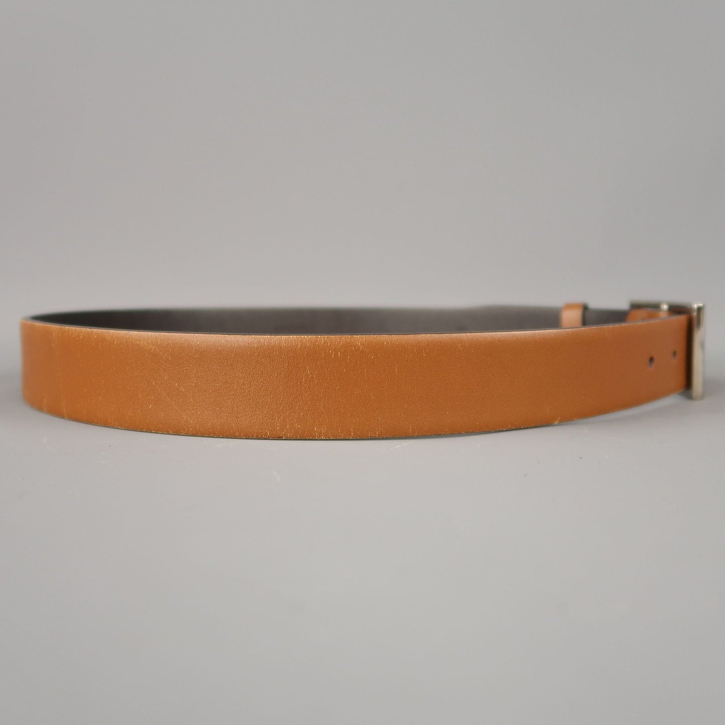 PRADA Tan Leather Silver Rectangle Buckle Belt