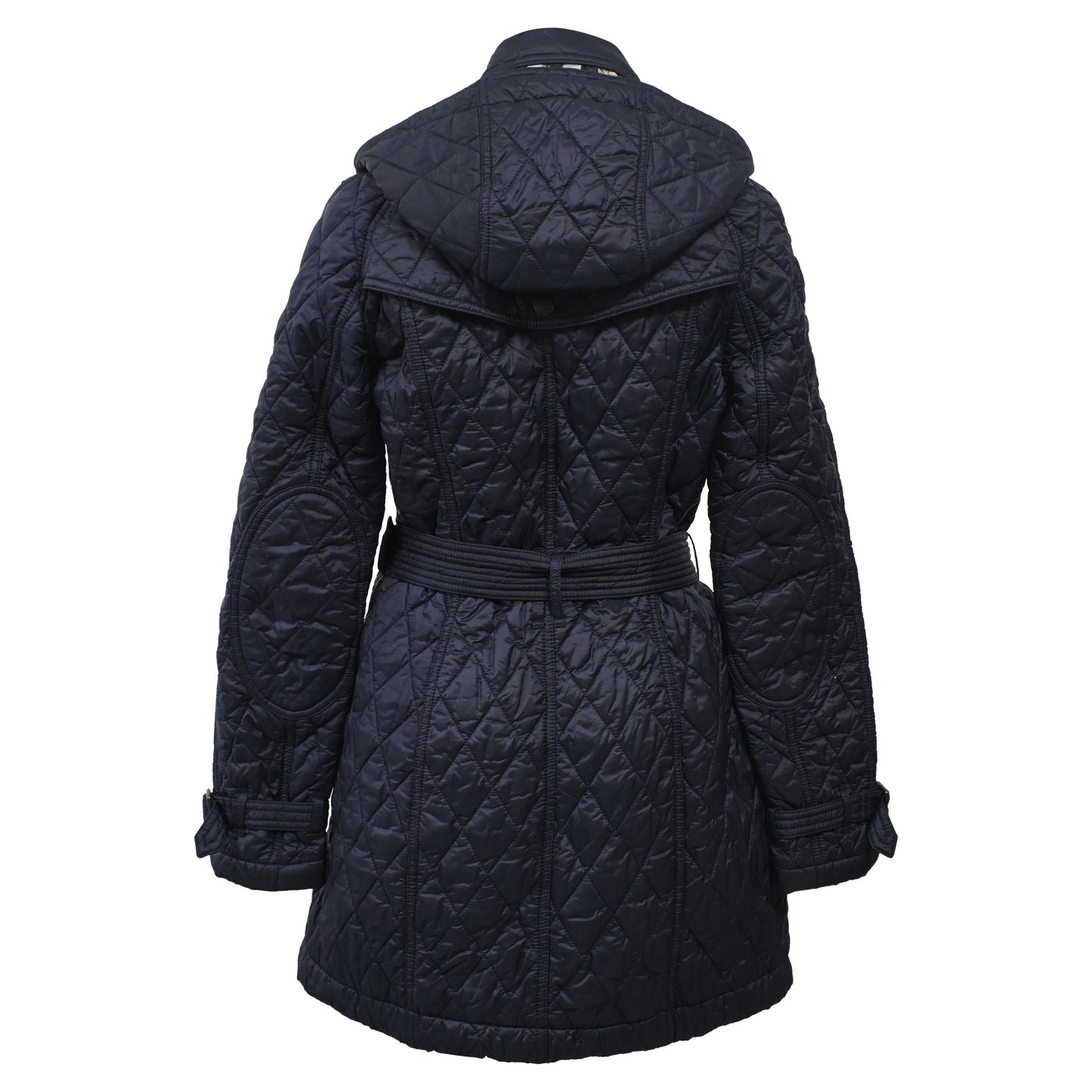 Burberry Belted Hooded Down Coat in Navy Blue Nylon