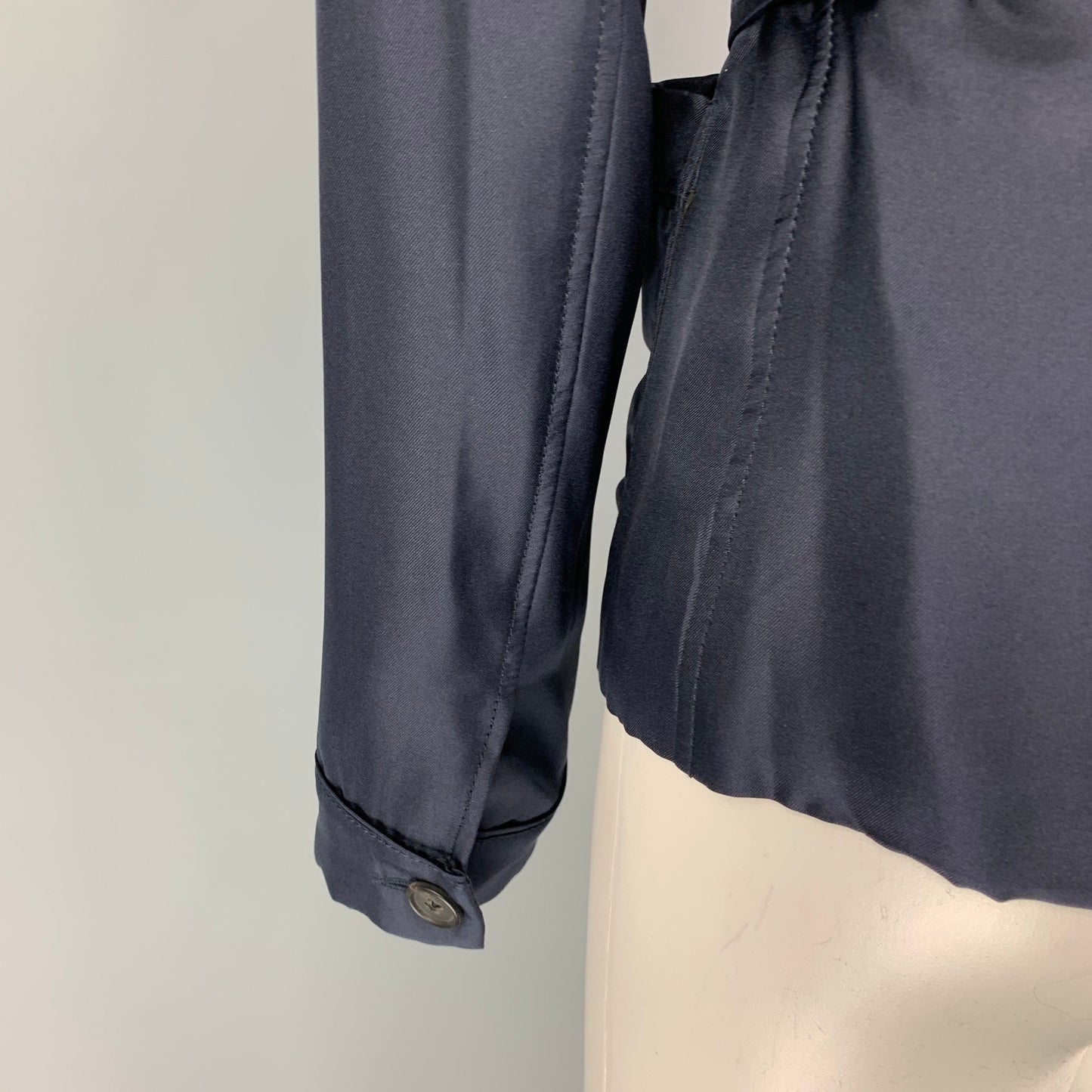 PRADA Size 4 Navy Silk Single Breasted Belted Jacket