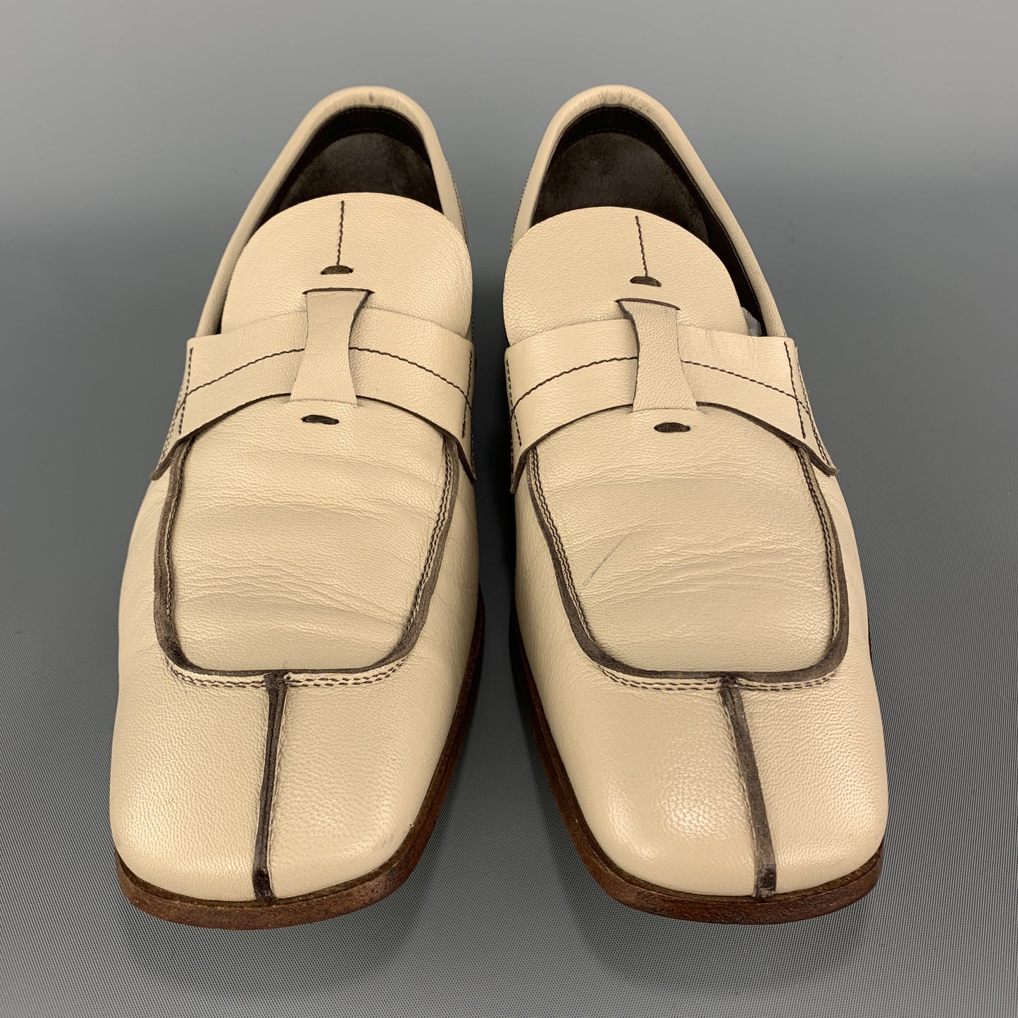 PRADA Size 9 Beige Leather Split Toe Strap Loafers