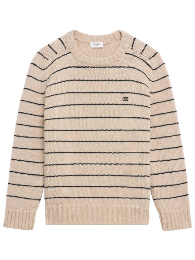 CELINE Striped Triomphe Embroidery Wool Knit Top Vanilla