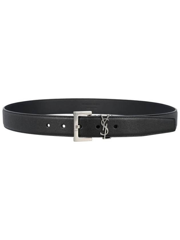 Saint Laurent Silver Hardware Monogram Buckle Leather Belt Black