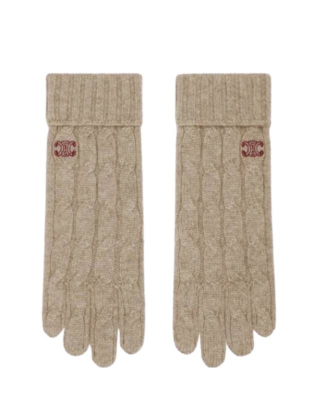 CELINE Triomphe Cable Knit Cashmere Gloves Light Taupe