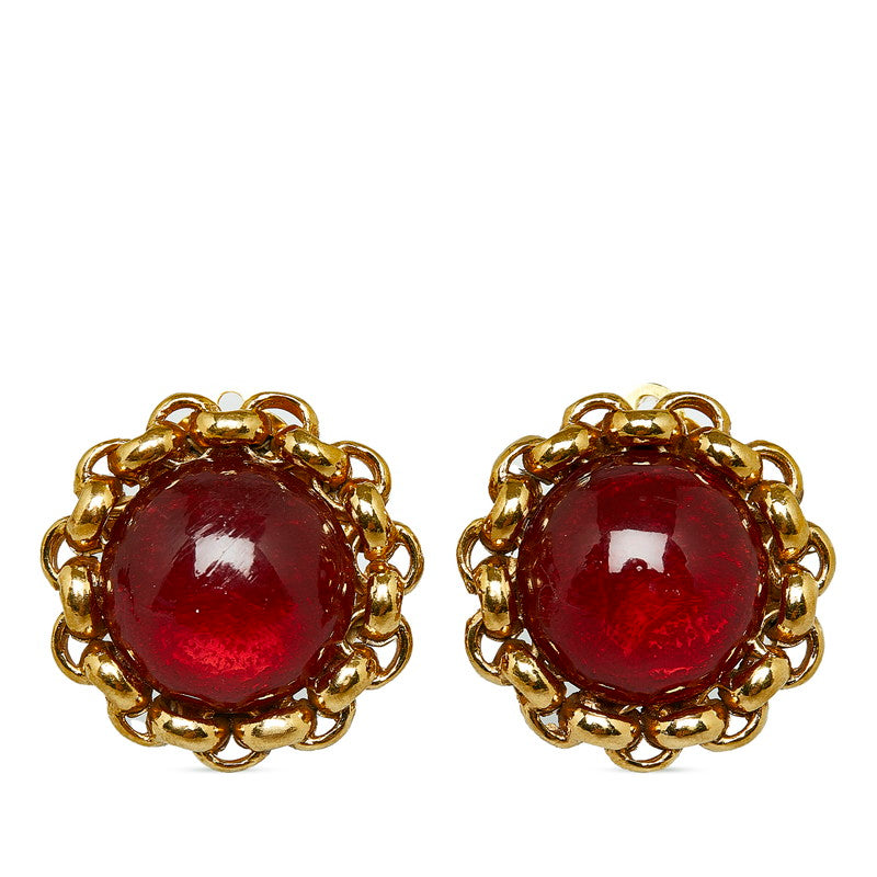 Chanel Rhinestone Coco Mark Earrings Gold Red