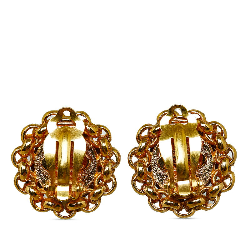 Chanel Rhinestone Coco Mark Earrings Gold Red