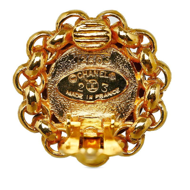 Chanel Rhinestone Coco Mark Earrings Gold Red