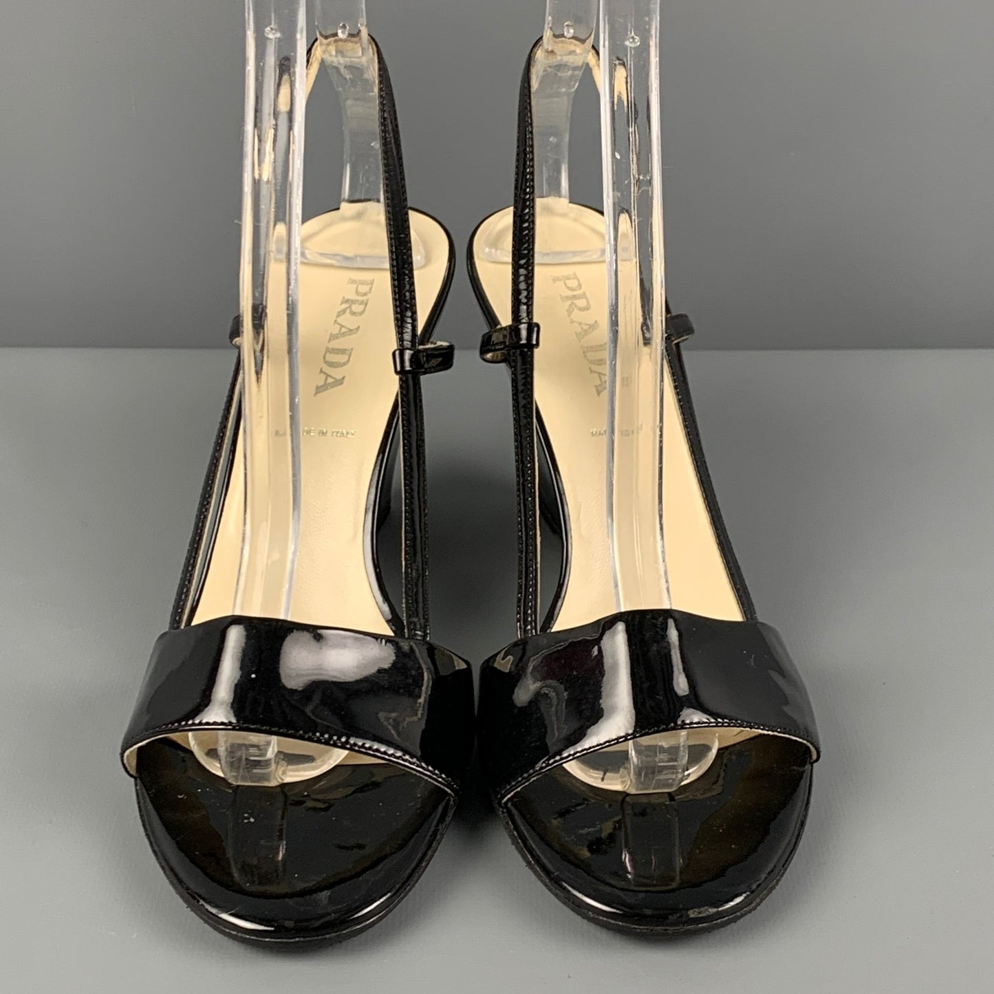 PRADA Size 6.5 Black Patent Leather Slingback Wedges