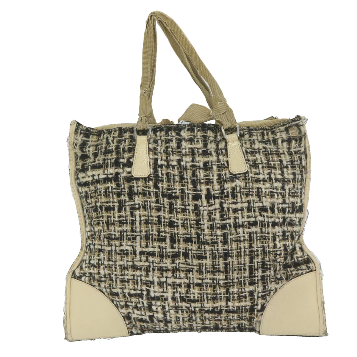 PRADA Hand Bag Tweed Beige Black 61437